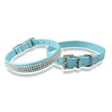 Crystal Dog Collar Leather Dogs Cat Collar for Small Dogs Puppy Cat Necklace-009 Blue, L