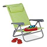 Relaxdays Vikbar solstol, justerbar i 8 steg, strandstol med nackkudde, armstöd och flasköppnare, grön/vit, 50% stål, 1 st