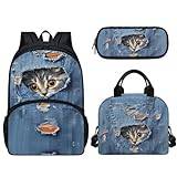 Pzuqiu skolryggsäck set med 3 barn stor kapacitet ryggsäck med lunchlåda och pennfodral för grundskolestudenter, denim katt