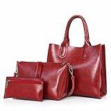 CHJHJKG Handväska 3pcs Kvinnors väska set mode olja vax Pu Läder damer handväska solid färg messenger väska axelväska plånbok väskor for kvinnor (Color : Red)