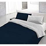 Italiensk sänglinne naturlig färg påslakan set med dubbla ansikten enfärgad väska och örngott Single Dark Blue/Light Gray
