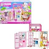 Barbie dockhus med 2 nivåer och 4 lekområden, fullt möblerat Barbie-hus med husdjursvalp och tillbehör, present till barn 3+
