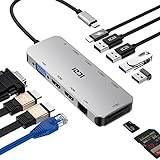 USB C-hub, dockningsstation med dubbel HDMI, ICZI 11-i-1 USB C multiportadapter, 2 HDMI 4K, 4 USB 3.0/2.0, RJ45, VGA 1080P, PD 100W, SD/TF-kortläsare