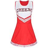 Cheerleader Damer kvinnor sport gymnasiet cheer flicka uniform fin klänning kostym outfit med pompoms (stor röd, M)