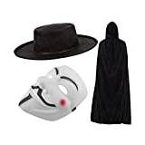 V för Vendetta Guy Fawkes maskeraddräkt kit | anonym hacker mask + svart mantel med huva + hatt för vuxna unisex halloween karneval festklänning tillbehör, svart/vit, en storlek