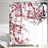 Exquisite Ink Plant Flowers Shower Curtain Red Japanese Cherry Blossom Bath Curtains Watercolor Print Modern White Bathroom Decor Set 34x79in-86x200cm/WxH curtains bathroom