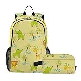 linqin Tecknad elefant giraff gul pojke ryggsäck med lunchväska pojke skola ryggsäck med lunchlåda pojkar skolväskor ålder 8-10 år