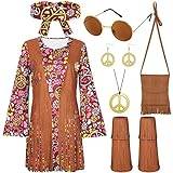 SOMSOC 7 delar 70-tal kvinnor hippie kostym fred skylt örhänge halsband pannband klänning tofs väska för halloween kostym, UA5848, Brun