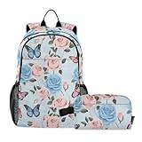 Retro blå rosa ros tryck lätt ryggsäck för barn skola bokväska med lunchväska set för skola utomhusaktiviteter resor, flerfärgad, en storlek