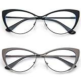 KoKoBin Cat Eye Reading Glasses - Förpackning med 2 glasögon med metallram och fjäderdragkedja med läderfodral för män och kvinnor, 2 förpackningar (Svartgrå)
