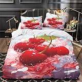 Red Cherry påslakan mjuk mikrofiber frukt sängkläder 3D med blixtlåsstängning, påslakan 155 x 220 cm och 2 örngott, F740