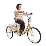 Balider Trehjuling för vuxna seniorer, 24 tum 6 hastigheter 3 hjul cykel med korg, stadscykel tricycle från 209,44 lb, med stänkskärm och reflekterande ljus, gul