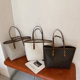 Classic Geometric Print Tote Bag, Large Capacity Shoulder Bag, Retro Pu Leather Handbag For Women