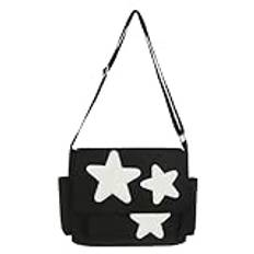 JUCHRZEY Simple Crossbody-väska för kvinnor med sidfickor Y2K Star Messenger-väska Skolbokväska Stor kapacitet för utomhusresor (S Svart)