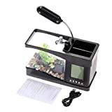 Mini Fish Tank Box, Multifunktionell USB Mini Aquarium Fish Tank Aquarium med LED-lampa LCD-skärm Klockförvaringslåda (Svart)