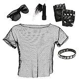 Punk Rocker Set – svart nättopp, glasögon, läppstift, handskar och armband – perfekt för punk rock utklädning och maskeradevenemang
