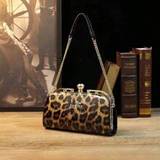 Simple & Fashionable Rhinestone Inlaid Clutch Bag With Leopard Print Chain Strap For Women