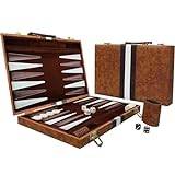 RATSTONE Backgammon, Backgammon trä, Backgammon-väska, backgammon-set, brädspel med högkvalitativt läderfodral med kubkopp, bärbart och resevänligt bakgammonset, 15 tum