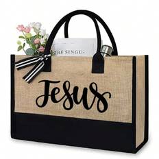 Faith Over Fear Christian Large Capacity Burlap Tote Bag, Christian,Express Your Beliefs ,Letter Print Shoulder Bag, Women's Casual Handbag, Shopping