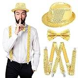 Meleager Disco karneval outfit män tillbehör, paljetter hatt guldset med glitter fluga och hängslen, glitter nyårsafton outfit för karneval temafest män kostiin tillbehör