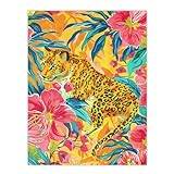 Artery8 Leopard in Pink Lily Jungle Vibrant Painting For Living Room Large Wall Art Poster Print Thick Paper 18X24 Inch