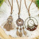 Brown Tie Pendant Necklace 3 Zicron Round Hollow Braided Flowers Leather Leaf Fringe Rope Chain Boho Necklace Set