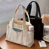 Simple Canvas Tote Bag, Multi Pockets Shoulder Bag, Versatile Handbag For School Commuter Shopping