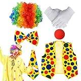 moonyan party clownkostym, clowndräkter för kvinnor, 6 stycken clownkläder för kvinnor – rollspel karnevalsdräkt med färgglad peruk, röd näsa, 1 par vita handskar och väst