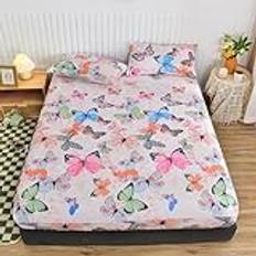 Fitted Single Sheet,Brushed Printed Deep Pocket Fitted Sheets, Soft Polyester Fiber Mattress Protector Cover Pillowcase,Butterfly,Queen 153x203*30cm (3pcs)
