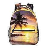 Soluppgång tropisk palmträd ö tryck ryggsäck stor kapacitet laptopväska för kvinnor och män ledig ryggsäck för resor kontor, Svart, One Size