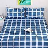 Single Fitted Sheet,Boys Girls Bedroom Cartoon Print Extra Deep Pocket Bed Sheets, Solid Color Skin-Friendly Cotton Mattress Topper,checkered Blue,120cmx200cm+25cm (2pcs)