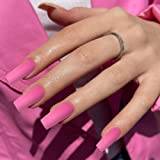 Matt het rosa press på naglar medium lång kvadrat, KXAMELIE rena solida färger tryck på naglar kista naglar för att klistra på akryl mörk ljusrosa falska naglar naturliga, gör-det-själv nagelstudior
