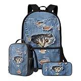 ZIATUBLES Skolväska set 3-pack ryggsäck lunchväska pennlåda lätt resväska bokväska för student ryggsäck dagväska, Denim textur katt, En storlek, Skolväska set