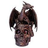 Gruwkue Drake på dödskalle, drak- och dödskallatstatue, konstharts, mörk gotisk drake på muterad dödskalle-figur, fantasy-gotisk dekorativ skulptur
