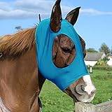 Flugmask häst, flughuva hästar UV-skydd fluggmask elastisk flugmask med öronskydd elastisk flugmask för hästar ventilerande fint nät (blå)
