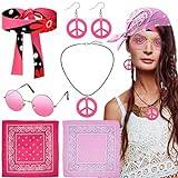 DKDDSSS 7-delar 70-talsaccessoarer för kvinnor, 70-talsdräkter för kvinnor, 70-tals maskeradkläder kvinnor, discoglasögon örhängehalsband, hippie-tillbehör, med 2 hippie bandana, för utklädningsfest