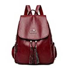 Dubbla tofsar Kvinnor Läderryggsäckar Kvinnlig ryggsäck Casual Daily Bag Damer Bagpack Travel School Back Pack, Röd, 26 * 13 * 32CM