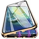 PingGoo Magnetfodral för Samsung Galaxy S8 Plus Skal, 360° fullständigt Skydd Genomskinligt Skydd Metall Stötfångare med Fram och Baksida Genomskinligt 9H Flip Fodral i Härdat Glas, Guld