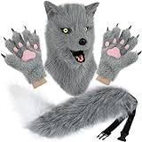 hbbhml Djur hund huvudmask realistisk lurvig plysch svansko handskar full varg masker för halloween fest karneval cosplay grå, Grått