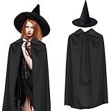 2 st halloween mantel med huva häxor hatt vuxen, 140 cm halloween svart mantel med huva halloween häxa hatt liemannen cape spetsig trollkarlshatt för män kvinnor halloween häxa vampyrkostym cosplay