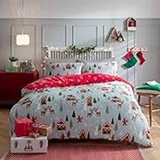 Sleepdown Jul Scandi scen fleece grå röd vändbar termisk varm mysig supermjukt täcke täcke täcke sängkläder set med örngott dubbel (200 cm x 200 cm)