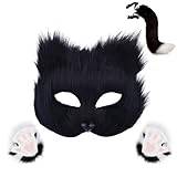Asudaro Plyschrävsvans, konstgjord räv, ansiktsskydd, fingerlösa handskar, katttass, 3 delar, cosplay-set, för gotisk fest, påsk, fotografi, svart vit, one size