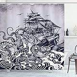 ABAKUHAUS Nautisk Duschdraperiet, Bläckfisk och Fartyg i Storm, Badrumsdekor med tygtyg med krokar, 175 x 220 cm, indigo Purpleblue