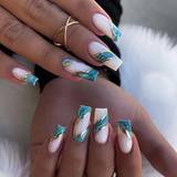 SHEIN 24pcs European And American Style Green Blending Ballet Nails With Gold Line Pattern + 1pc Jelly Gel + 1pc Polishing Strip