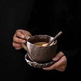 Retro handgjord kaffekopp i stengods med underläggssked Keramikkopp Frukost Mjölk Retromugg Dricksvatten Enkopps termos/koppar