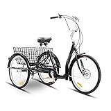 HUANGXING - Trehjuling för vuxna 26 tum trehjulig cruiser-cykel 6 hastighet vuxencykel med kundvagn för rekreation, shopping, picknick, träning, män, kvinnor, cykling, pedalering, svart (färg: svart)