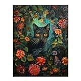 Artery8 Black Cat in Exotic Flower Garden Floral Portrait For Living Room Large Wall Art Poster Print Thick Paper 18X24 Inch
