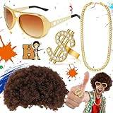 Benaton 4 stycken hippie-kostymset, 70-tals 80-tals peruk disco hippie kostym set, discoperuk, solglasögon, hippie-tillbehör guldkedja, för rappare tillbehör, för fest män och kvinnor