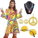 LUPATDY 70-tals hippie-klänning, 60-tal, 70-tals outfit dam festkostym, halloween retroklänningar, disco outfit kostym kvinnor flickor med klänning, turban, fredsskylt, glasögon, juvelkedja