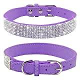 Crystal Dog Collar Leather Dogs Cat Collar for Small Dogs Puppy Cat Necklace-012 Purple, L